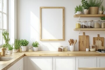 An example of a modern rustic kitchen with a white brick wall. It is framed vertically with wooden frames.