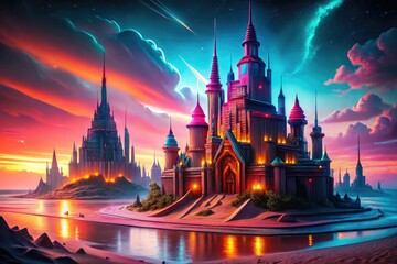 Obraz premium Futuristic iconic sandcastle cityscape on futuristic beach with sleek architecture, neon lights, high contrast, bold vibrant colors, dynamic composition, dystopian mood.