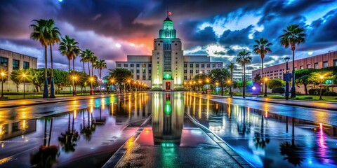 Obraz premium Surreal and futuristic nighttime photo of the Inglewood City Hall building with neon lights reflected in a wet pavement under a dark moody sky.