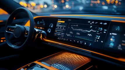 Modern car showing digital dashboard interface with ambient lighting