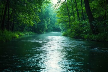 Fototapeta premium A serene river flowing through a dense forest at dusk