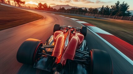 Obraz premium Formula one race car speeding on a racetrack during sunset