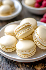 Fototapeta premium elegant White Chocolate Raspberry Macarons with Italian meringue shells, creamy ganache, and fresh raspberries.