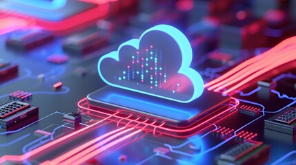 Fototapeta premium Futuristic cloud technology illustration with glowing circuits and data flow, showcasing modern digital storage solutions.