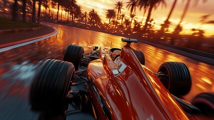 Formula one race car speeding on tropical racetrack at sunset
