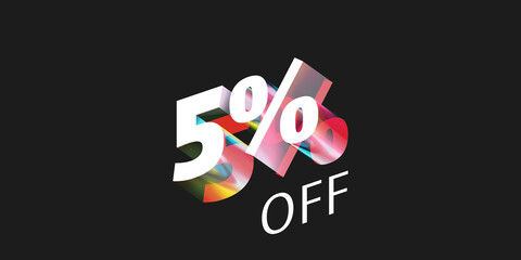 5% off, multicolored 3d text on black background, 3d rendering