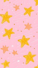 Yellow Stars on Pink Background, Abstract Image, Texture, Pattern Background, Wallpaper, Cover and Screen for Smartphone, PC, Laptop, 9:16 and 16:9 Format