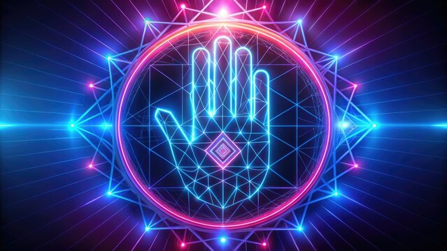 futuristic neon lit geometric sacred geometric hand symbol