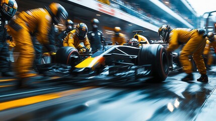 Obraz premium Formula 1 pit crew performing a fast pit stop during a race
