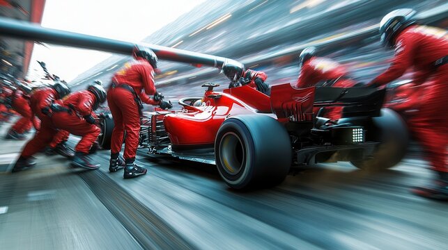 Formula one pit crew performing extremely fast pit stop during race