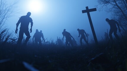 Fototapeta premium In the mist-filled night, a horde of zombies swarms towards a creepy cemetery, casting long, ominous shadows on the ground.