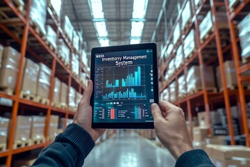 Warehouse worker using digital tablet for wash inventory management in a modern e commerce setting