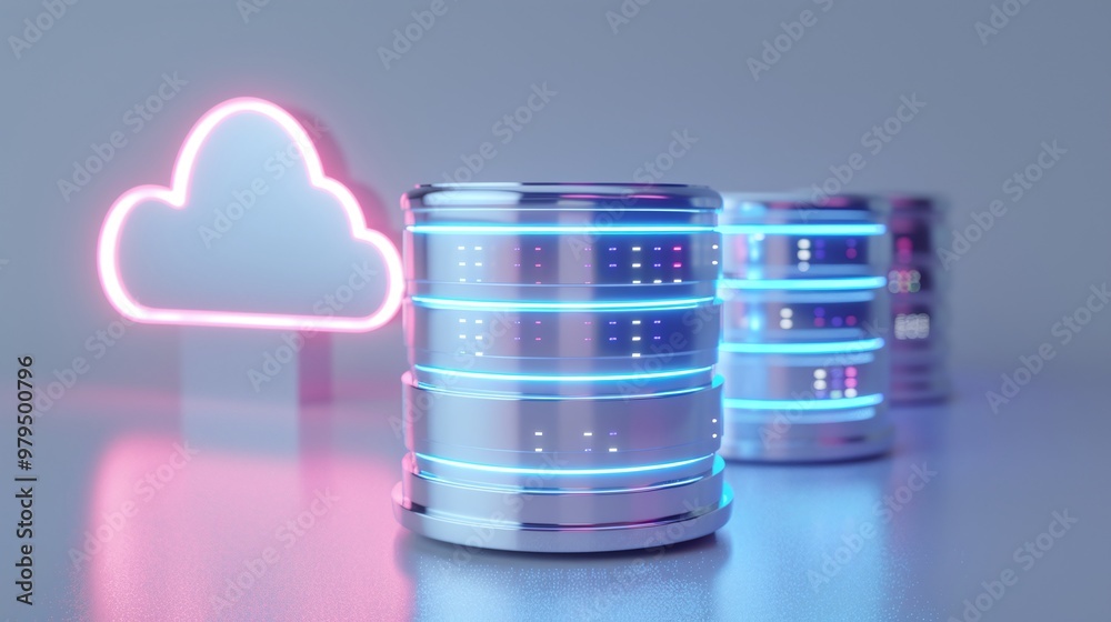 Poster futuristic data storage with glowing servers and a cloud symbol, representing advanced technology an