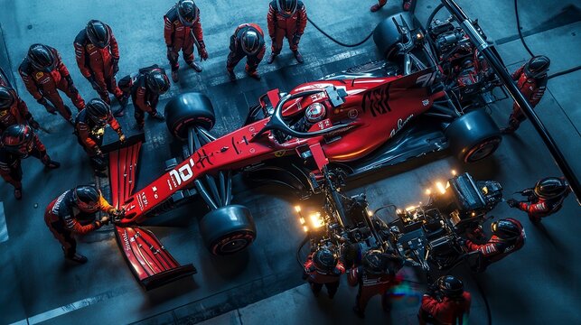 Formula one pit crew working during race at pit stop