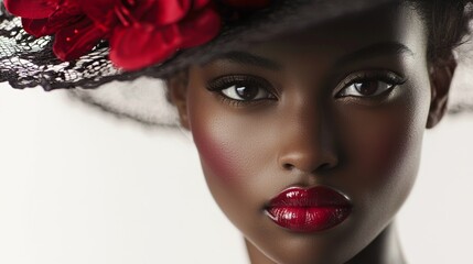 Beautiful woman wearing vivid red hat adorned with floral details and sporting red lips. Elegant sport lover.
