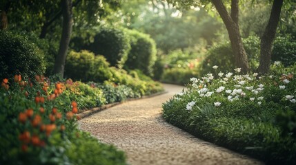 A winding path showcases colorful flowers inviting a peaceful stroll within a lush garden