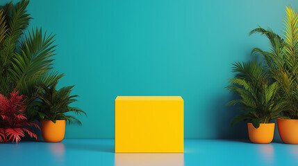 A yellow box is placed in front of a blue wall with green plants