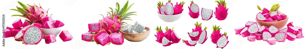 Poster various angles and views of halved dragon fruit pitaya pitahaya fruit isolated on transparent backgr