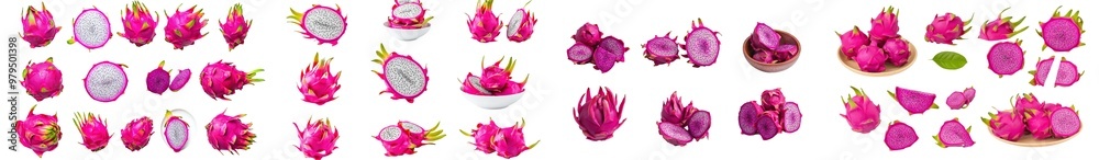 Aufkleber various angles and viewpoints of diced halved dragon fruit pitaya pitahaya fruit isolated on transpa