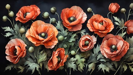 Watercolor painting of poppies flowers on dark background. Hand drawn illustration