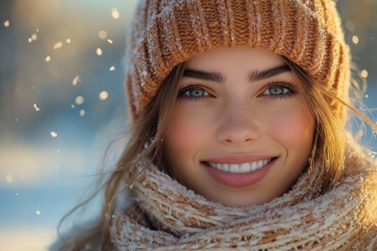 Winter Wonderland - Joyful Woman in Knitwear Surrounded by Snowflakes at Sunset Shot with Nikon Z7 II, 50mm f/1.4 Lens