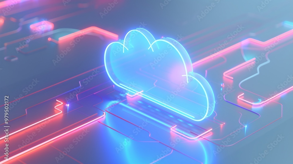 Sticker futuristic glowing cloud symbol with neon lights, representing cloud technology and digital connecti