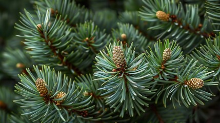 Fototapeta premium Close-up of pine tree branches with small pine cones.