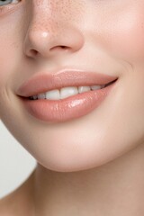 A close-up cropped image of a beautiful female face with plump lips and cheekbones, isolated on a white background. A concept of beauty, plastic surgery, face lift, and face building.