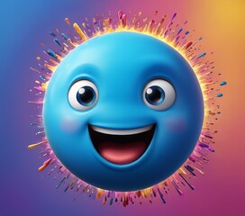 A cheerful blue emoticon character with a big smile, surrounded by vibrant, colorful splashes. The digital illustration captures a fun and joyful mood, perfect for playful design projects, social