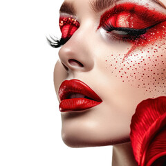 Fototapeta premium Beauty portrait of a model with artistic red makeup and red lips posing on a white background