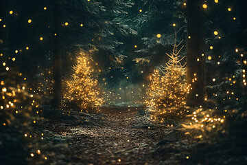 Naklejka premium Enchanted forest path illuminated by glowing trees and soft lights.