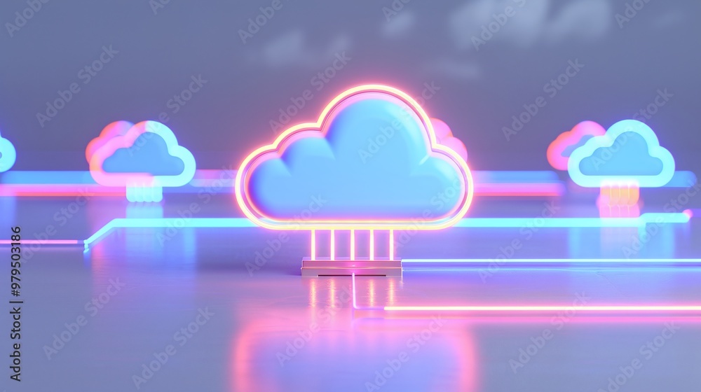 Wall mural futuristic neon clouds connected by glowing lines, representing innovative cloud computing technolog