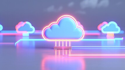 Futuristic neon clouds connected by glowing lines, representing innovative cloud computing technology and digital connectivity.