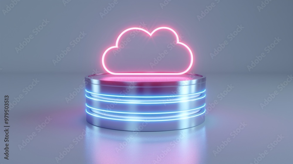 Sticker illuminated cloud symbol on a modern pedestal, representing cloud technology and digital innovation.