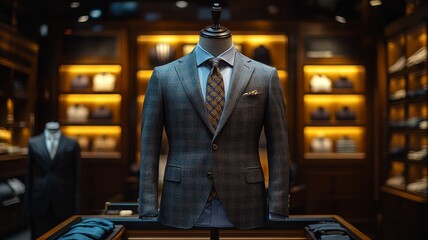 A minimalist, artistic depiction of a suit and tie displayed on a mannequin inside a dry cleaning shop, with soft, warm lighting