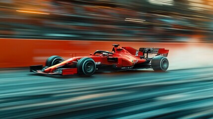 Red formula one race car speeding on racetrack