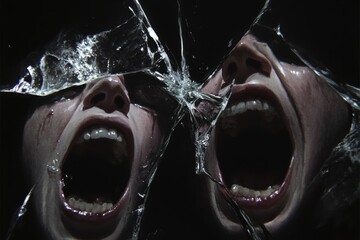 Mirror reflections of screamed faces in a disturbing scene