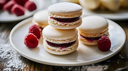 elegant White Chocolate Raspberry Macarons with Italian meringue shells, creamy ganache, and fresh raspberries.