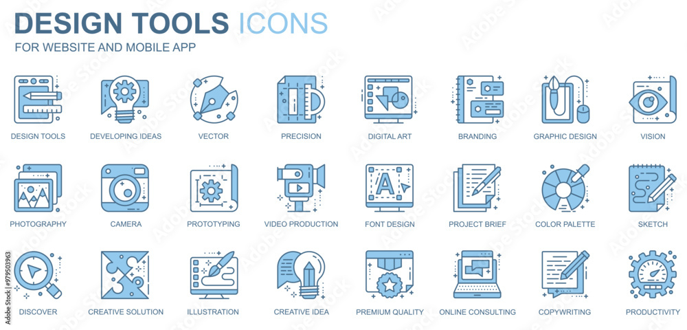 Aufkleber design tools web icons set in duotone line design. pack of idea, precision, digital art, branding, v