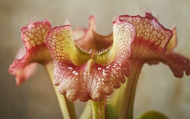 Intricate Textures of a Carnivorous Plant in Close-Up Against Neutral Background
