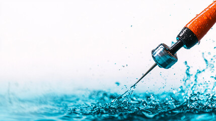 A close-up of a needle piercing through vibrant blue water, capturing the dynamic splash