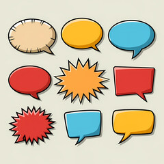 A set of empty speech bubbles in various shapes—rounded, spiky, and rectangular—ready to be filled with text, cartoon illustration