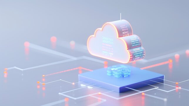 Illustration of cloud computing technology with data storage and digital connections in modern tech design.