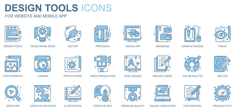 Design tools web icons set in duotone line design. Pack of idea, precision, digital art, branding, vision, photography, camera, prototyping, video, other outline stroke pictograms. Vector illustration