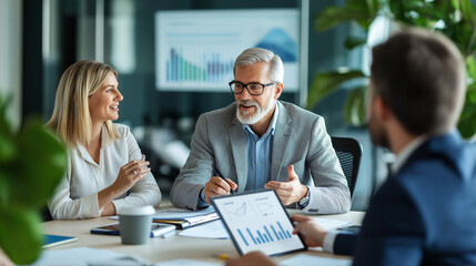 Group of smiling senior business people sitting at table in modern office lobby discussing work and using laptops business concept, goals, success