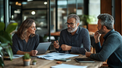 Fototapeta premium Group of smiling senior business people sitting at table in modern office lobby discussing work and using laptops business concept, goals, success