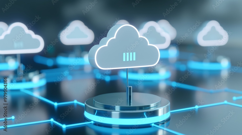 Poster modern cloud computing and network connectivity concept illustrated with digital clouds and connecte