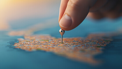 A hand placing a pin on a colorful map, symbolizing travel, location, discovery