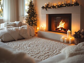 Winter Coziness in a Living Room with Fireplace - High Contrast Interior Design