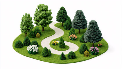 A serene landscape featuring a winding path surrounded by lush trees and vibrant flowers